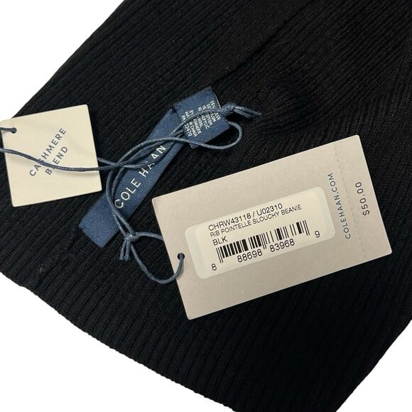 Cole Haan Men's Rib Pointelle Slouchy No Cuff Wool Beanie Hat Black Unisex - Picture 4 of 8